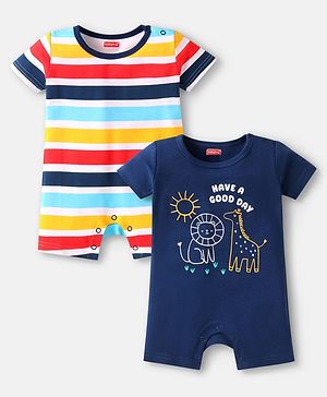 Babyhug 100% Cotton Knit Half Sleeves Rompers with Animal Print & Stripes Pack of 2 - Navy Blue