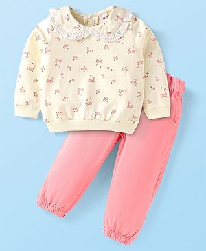 Babyhug Terry Knit Full Sleeves Floral Printed Top & Lounge Pant Set - White & Pink