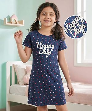 Pine Kids Single Jersey Knit Half Sleeves Night with Hearts & Text Puff Print - Navy Blue