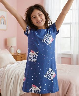 Pine Kids Single Jersey Knit Half Sleeves Nighty with Sweet Dreams Text Print - Navy Blue