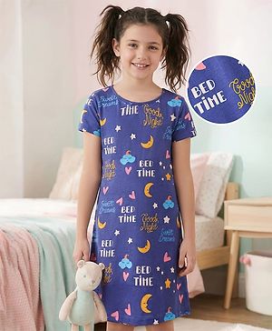 Pine Kids Single Jersey Knit Half Sleeves Night with Text Print - Royal Blue