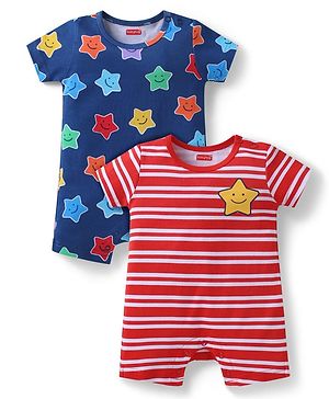 Babyhug 100% Cotton Knit Half Sleeves Rompers with Stripes & Stars Print Pack of 2 - Navy Blue & Red