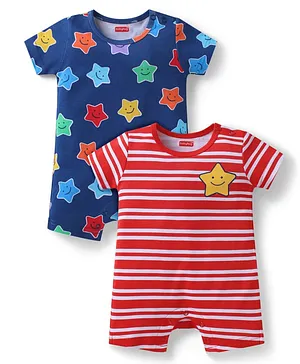 Babyhug 100% Cotton Knit Half Sleeves
                              Rompers with Stripes & Stars Print
                              Pack of 2 - Navy Blue & Red
