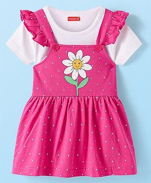 Babyhug 100% Cotton Knit Half Sleeves Solid Colour T-Shirt with Polka Dots & Floral Printed Printed Frock Style Onesie - Dark Pink