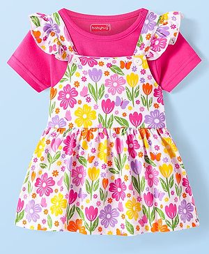 Babyhug 100% Cotton Knit Half Sleeves Solid T-Shirt & Floral Printed Frock Style Onesie - Dark Pink