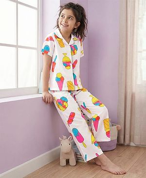 Pine Kids Cotton Knit Half Sleeves Co-Ord Capri Night Suit with Ice -Cream Print - White