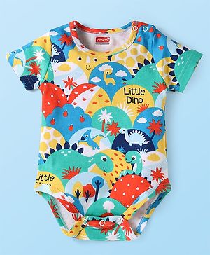 Babyhug 100% Cotton Knit Half Sleeves Dino Printed Onesie - Red Sea Green & Yellow