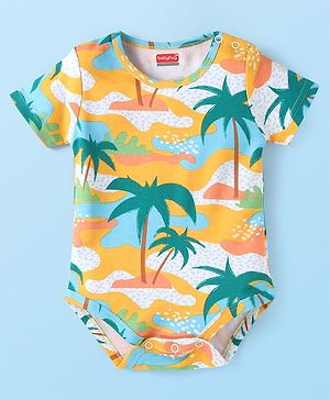 Babyhug 100% Cotton Knit Half Sleeves Beach Theme Printed Onesie - Yellow &  White