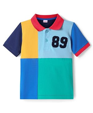 Babyhug Cotton Knit Half Sleeves Cut & Sew Polo T-Shirt With Embroidery Detailing - Blue & Light Blue