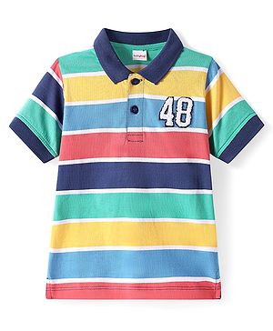 Babyhug Cotton Knit Half Sleeves Polo T- Shirt with Stripes & Sport Theme Patch - Yellow & Navy Blue