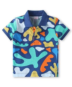 Babyhug Cotton Knit Half Sleeve Collar T-Shirt With Tropical Print - Navy Blue