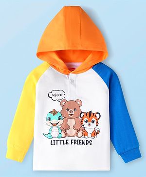 Babyhug Cotton Knit Full Raglan Sleeves Hooded T-Shirt with Animal Print - White