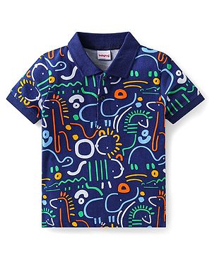 Babyhug Cotton Knit Half Sleeves Printed Polo T-Shirt - Navy Blue