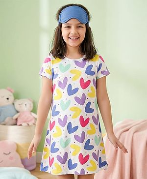 Pine Kids Single Jersey Knit Half Sleeves Nighty with Heart Print - White