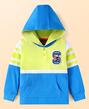 Babyhug Cotton Knit Full Sleeves Hooded T-Shirt with Text Patch & Kangaroo Pockets - Blue & Lime Green