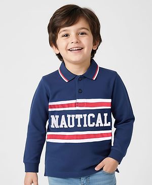 Babyhug Cotton Knit Full Sleeves Polo T-Shirt With Text Patch - Navy Blue