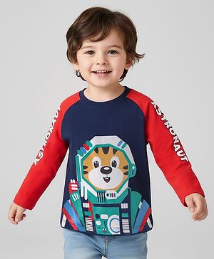 Babyhug Cotton Knit Full Raglan Sleeves T-Shirt with Astronaut Print - Navy Blue & Red