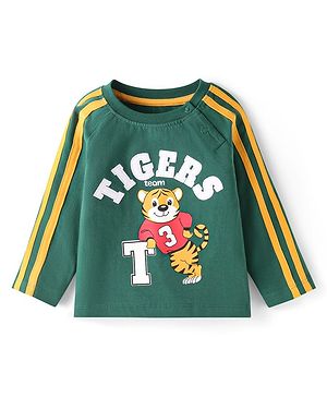 Babyhug Cotton Knit Full Raglan Sleeves T-Shirt with Tiger Print & Embroidered Text - Green