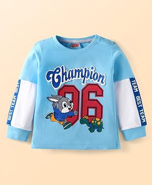 Babyhug Cotton Knit Full Sleeves T-Shirt With Animal & Text Print - Light Blue