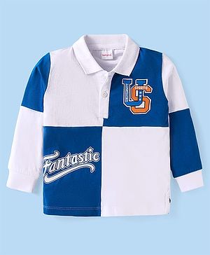 Babyhug Cotton Knit Full Sleeves Polo T-Shirt with Text Print & Embroidery Detailing - White