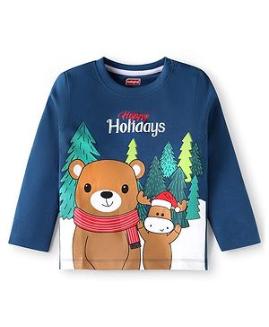 Babyhug Cotton Knit Full Sleeves T-Shirt with Christmas Graphics - Navy Blue