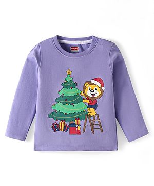 Babyhug Cotton Knit Full Sleeves T-Shirt With Animal Print - Purple