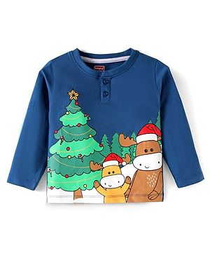 Babyhug Cotton Knit Full Sleeves T-Shirt With Animal Print - Navy Blue