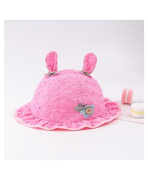 Babyhug Cotton Bucket Hat with Floral & Ear Applique - Pink (Flowers colour may vary)
