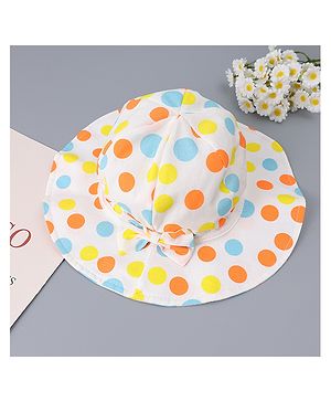 Babyhug Cotton Bucket Hat with Polka Dots Print & Bow Applique  - Light Blue