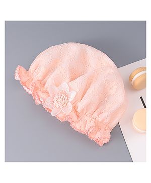 Babyhug Chiffon Bucket Hat with Floral Applique - Peach