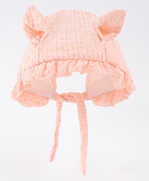Babyhug Chiffon Bucket Hat with Knot & Ears Applique - Peach