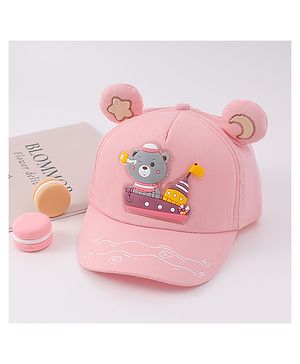 Babyhug Free Size Baseball Cap With Ear Applique & Bear Patch  - Pink