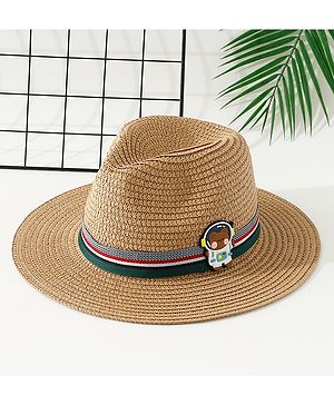 Babyhug Free Size Straw Hat With Teddy Bear Applique - Brown
