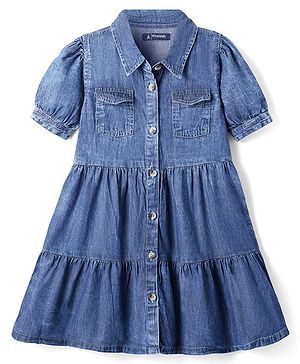Pine Kids Cotton Woven Puffed Sleeves Front Open Collar Neck Fit and Flare Shirt Dress - Blue