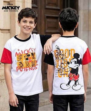 Pine Kids Disney Cotton Knit Oversized & Drop Shoulder T-Shirt With Mickey Mouse Front & Back Graphic -  White & Red