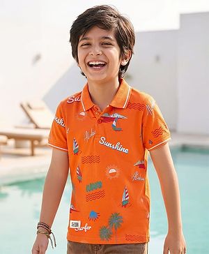 Pine Kids Cotton Knit Half Sleeves Polo T-Shirt with Beach Theme Print - Orange