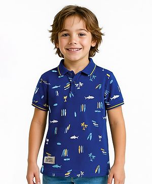 Pine Kids Cotton Knit Half Sleeves Polo T-Shirt with Nautical Theme Print - Navy Blue
