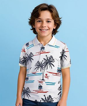 Pine Kids Cotton Knit Half Sleeves Polo T-Shirt with Beach Theme Print - White