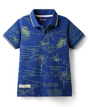 Pine Kids Cotton Knit Half Sleeves Polo T-Shirt with Beach Theme Print - Navy Blue