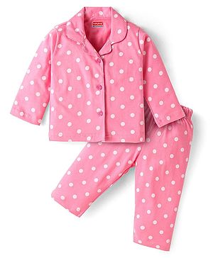 Babyhug Cotton Knit Full Sleeves Co-ords Night Suit with Polka Dots Print - Pink