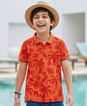 Pine Kids Cotton Knit Half Sleeves Polo T-Shirt with Tropical Print - Orange