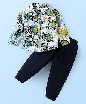 Babyhug Cotton Woven Full Sleeves Tropical Theme Printed Shirt & Joggers Set - Navy Blue & White