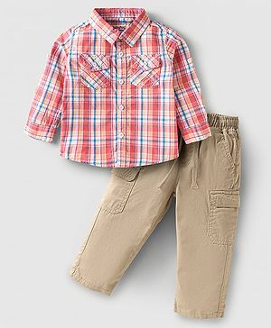 Babyhug Cotton Woven Full Sleeves Checkered Shirt & Solid Trouser Set - Red & Beige