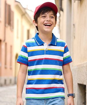 Pine Kids Cotton Knit Half Sleeves Striped Polo T-Shirt - Multicolor