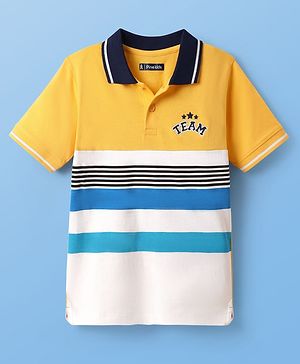 Pine Kids Cotton Knit Half Sleeves Cut & Sew Polo T-Shirt with Team Text Embroidery - Yellow