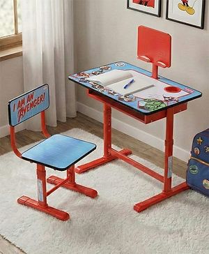 Babyhug Marvel Avenger Height Adjustable Study Table & Chair Set with Storage for Kids - Red| Ergonomic Study Desk for 3 -15 Years Kids| Reading Stand, Cup Holder & Anti-Slip Base