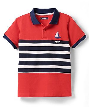 Pine Kids Cotton Knit Half Sleeves Cut & Sew Polo T-Shirt with Ahoy Text Embroidery - Red