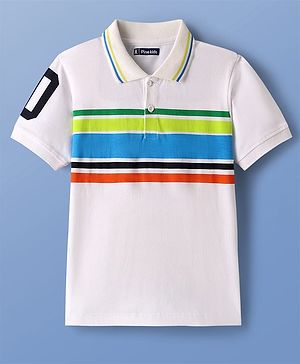 Pine Kids Cotton Knit Half Sleeves Polo T-Shirt with Stripes & Number Print - White & Blue
