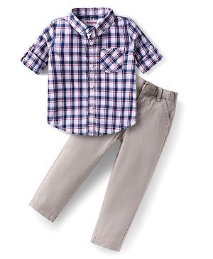 Babyhug Cotton Woven Full Sleeves Checkered Shirt and Trouser Set - Grey & Blue