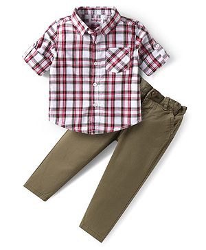 Babyhug Cotton Woven Full Sleeves Checkered Shirt and Trouser Set - Red & Olive